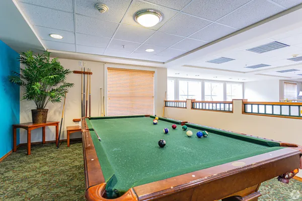 a room with pool table and windows