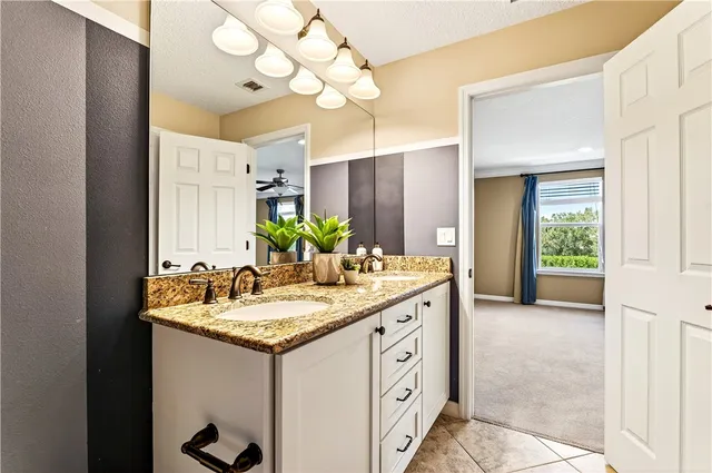 a bathroom with a sink vanity and a mirror