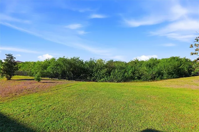 a view of a big yard with lots of green space and house in the background