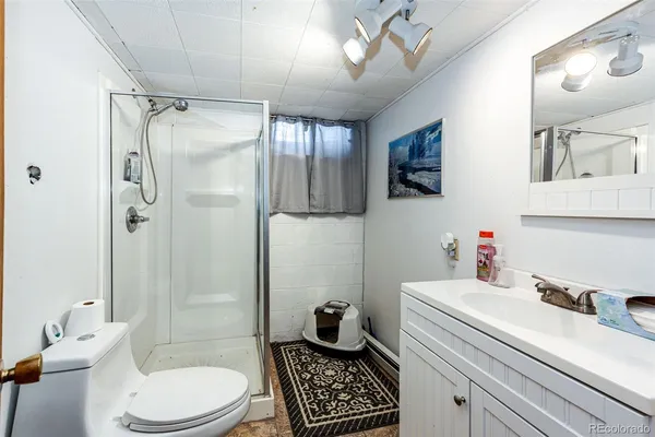 a bathroom with a sink mirror and a shower
