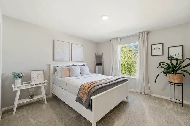 a bed room with a bed and a potted plant