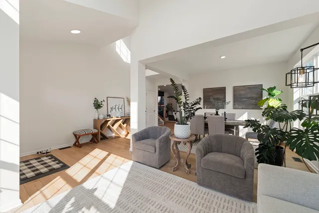 a living room with furniture and a potted plant
