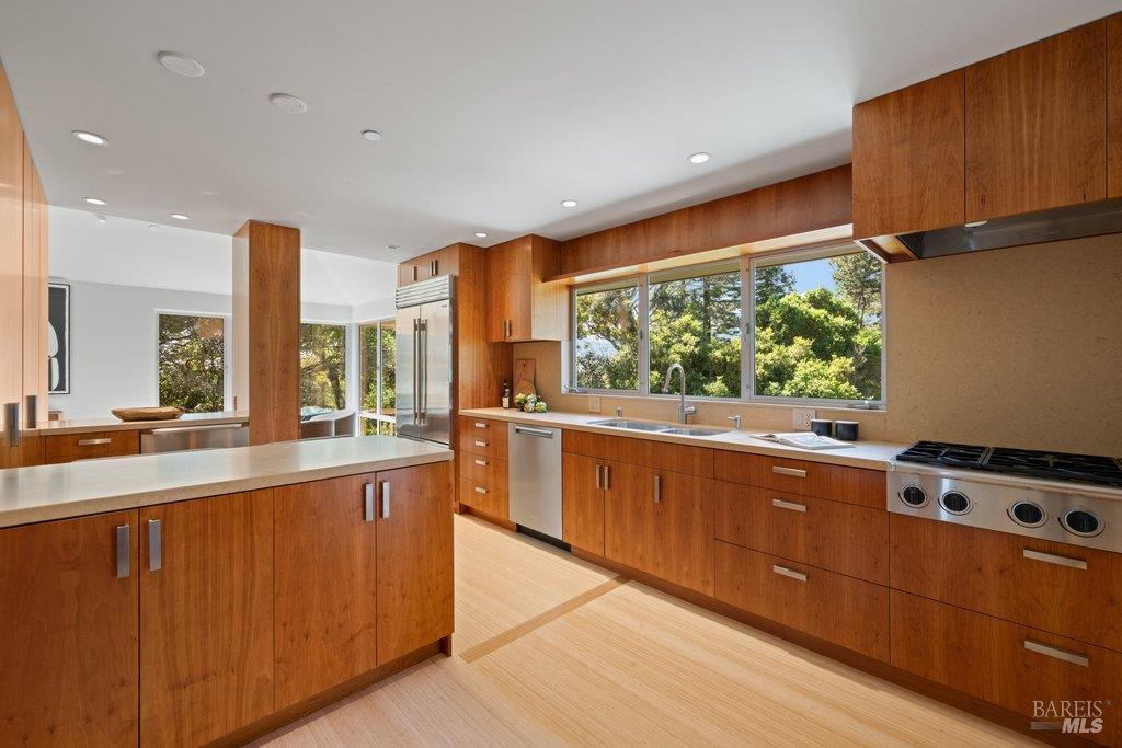 103 Reed Ranch Road Tiburon, CA 94920 - Photo 15 of 89 a large kitchen with stainless steel appliances a large counter top a stove a chimney a sink and a large window