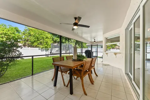 a garden view with a seating space