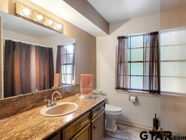 a bathroom with a granite countertop sink a toilet and mirror
