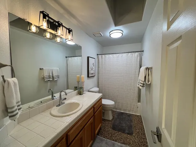 a bathroom with a sink a toilet a mirror and shower