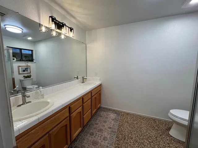 a bathroom with a sink a toilet and a mirror