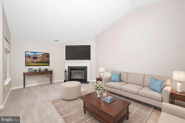 a living room with furniture a rug and a fireplace