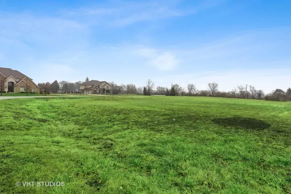 a view of a grassy field with an trees