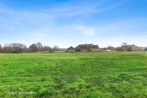 a view of a grassy field with trees