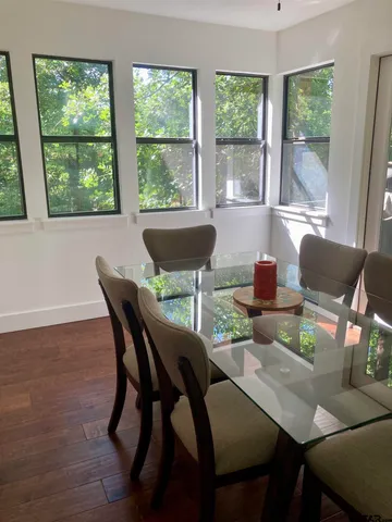 a view of a yard with plants and large trees