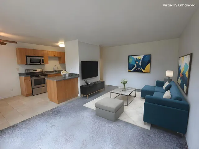 a living room with furniture a flat screen tv and a fireplace