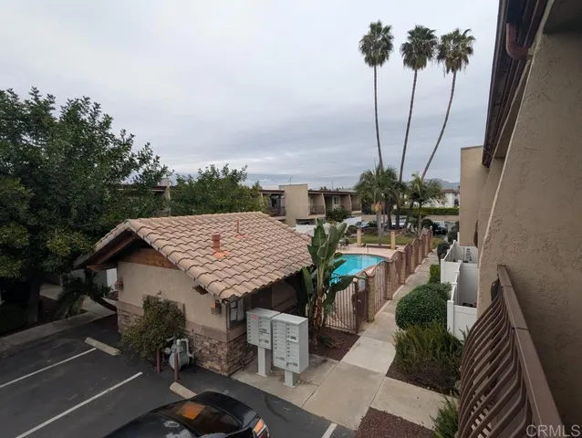an outdoor space with furniture