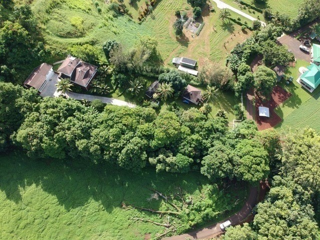 an aerial view of residential house with outdoor space and trees all around