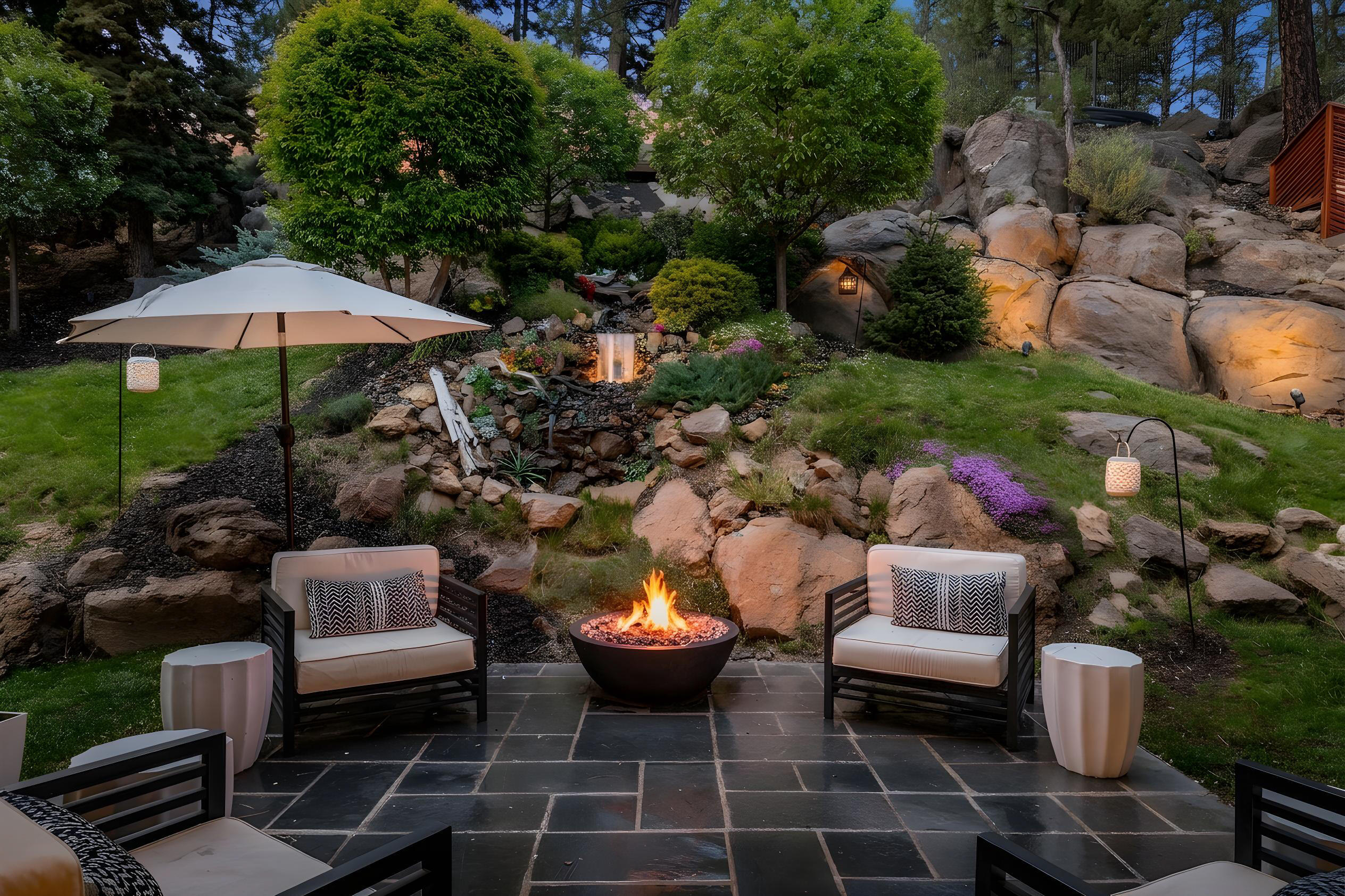 19504 Southwest Century Drive Bend, OR 97702 - Photo 55 of 58 a view of a patio with couches table and chairs under an umbrella with a garden