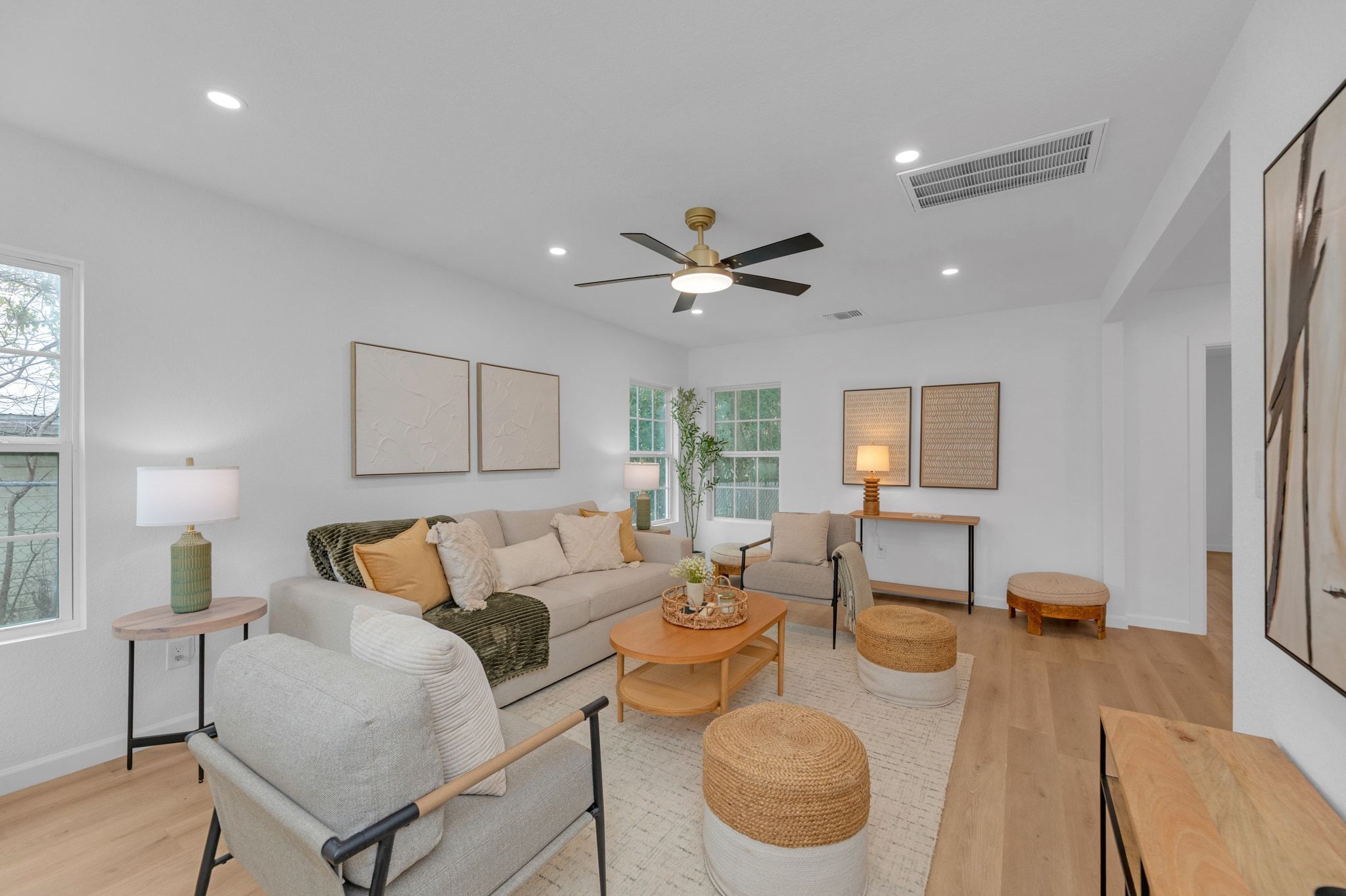 1709 Cecelia Street Taylor, TX 76574 - Photo 7 of 38 Living area featuring ceiling fan, light wood-type flooring, and recessed lighting