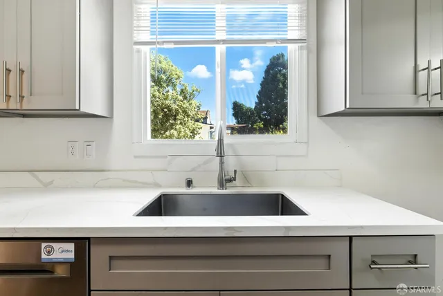 a kitchen with a sink and a window