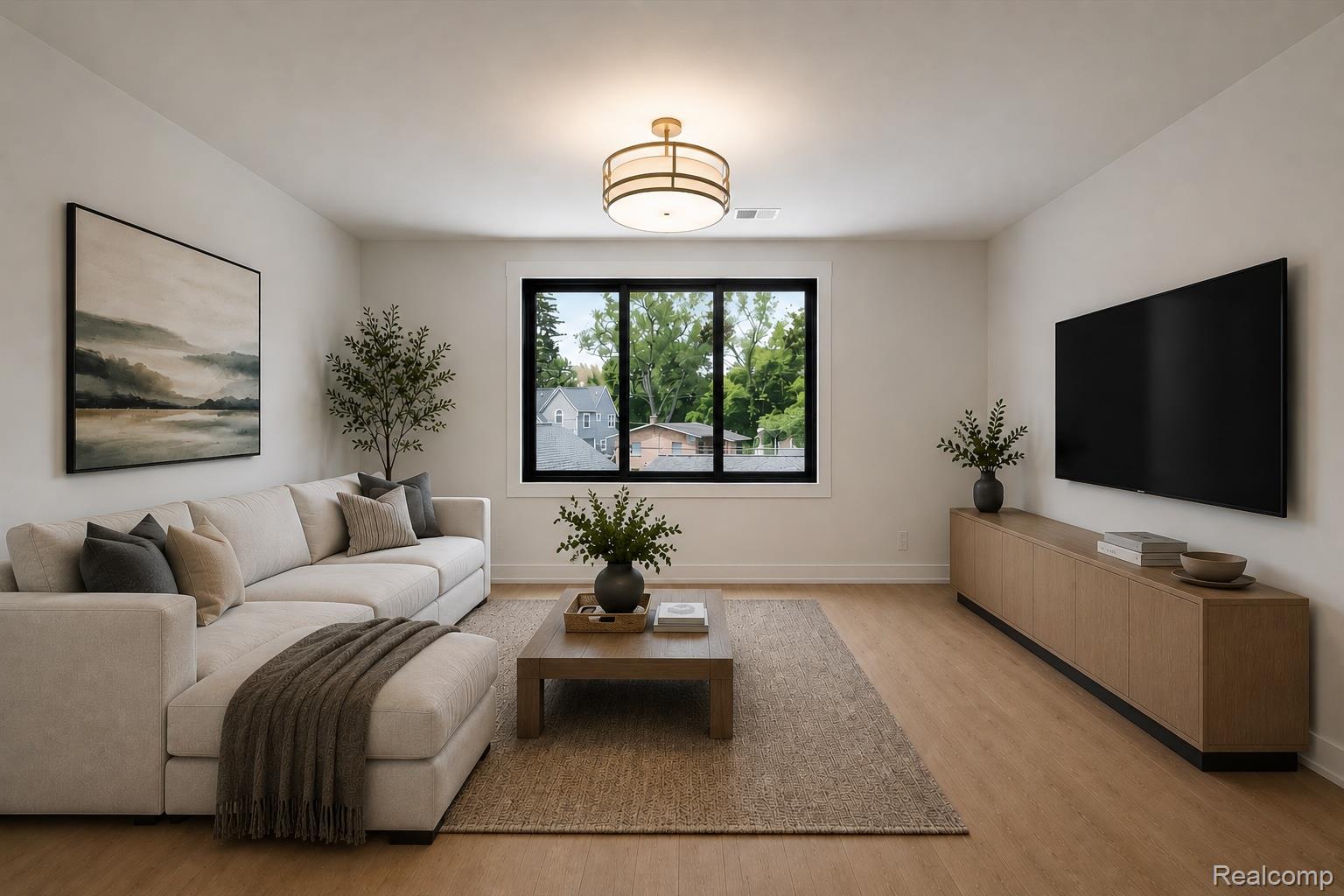 347 Highland Avenue Rochester, MI 48307 - Photo 39 of 59 Bright living space featuring wood-finish flooring, a contemporary black-framed window, and a drum-style ceiling light fixture