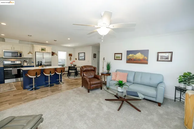 a living room with furniture kitchen view and a potted plant