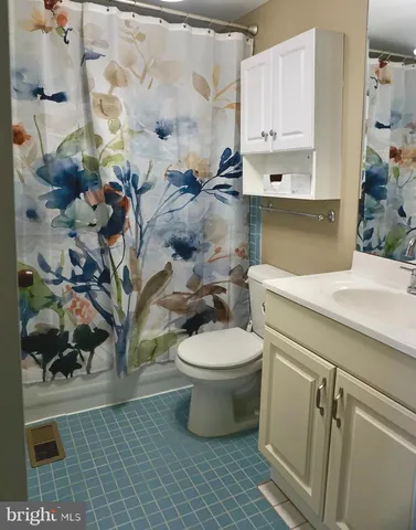 a bathroom with a sink a toilet and a shower curtain