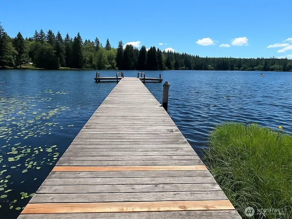 a view of swimming pool with lake and trees in the background