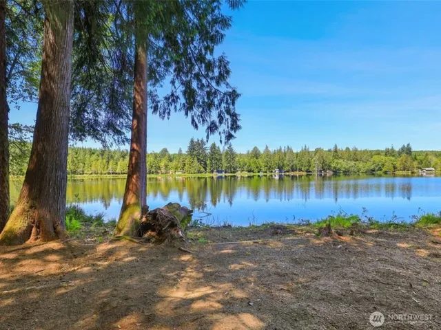 a view of a lake with houses in the background