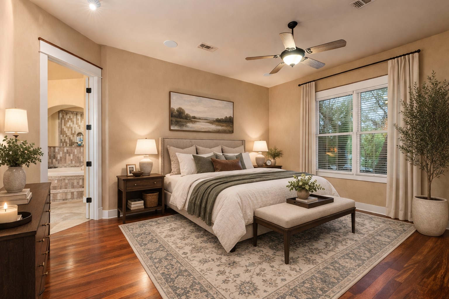 23426 Oscar Road Spicewood, TX 78669 - Photo 5 of 40 The primary bedroom has lovely views and notice the Patagonian Rosewood flooring. Virtually staged.