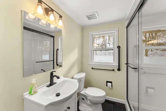 a bathroom with a sink mirror and toilet