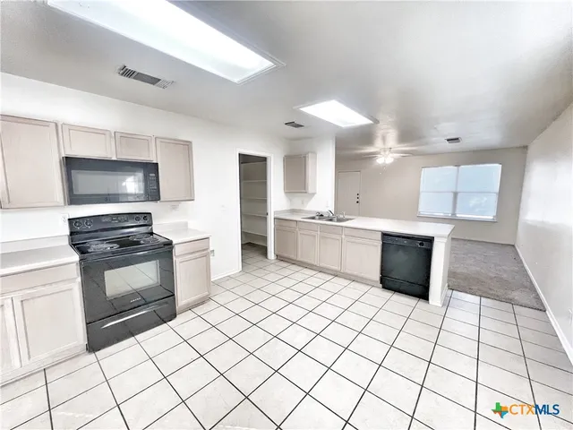 a large kitchen with a stove a sink dishwasher and a microwave