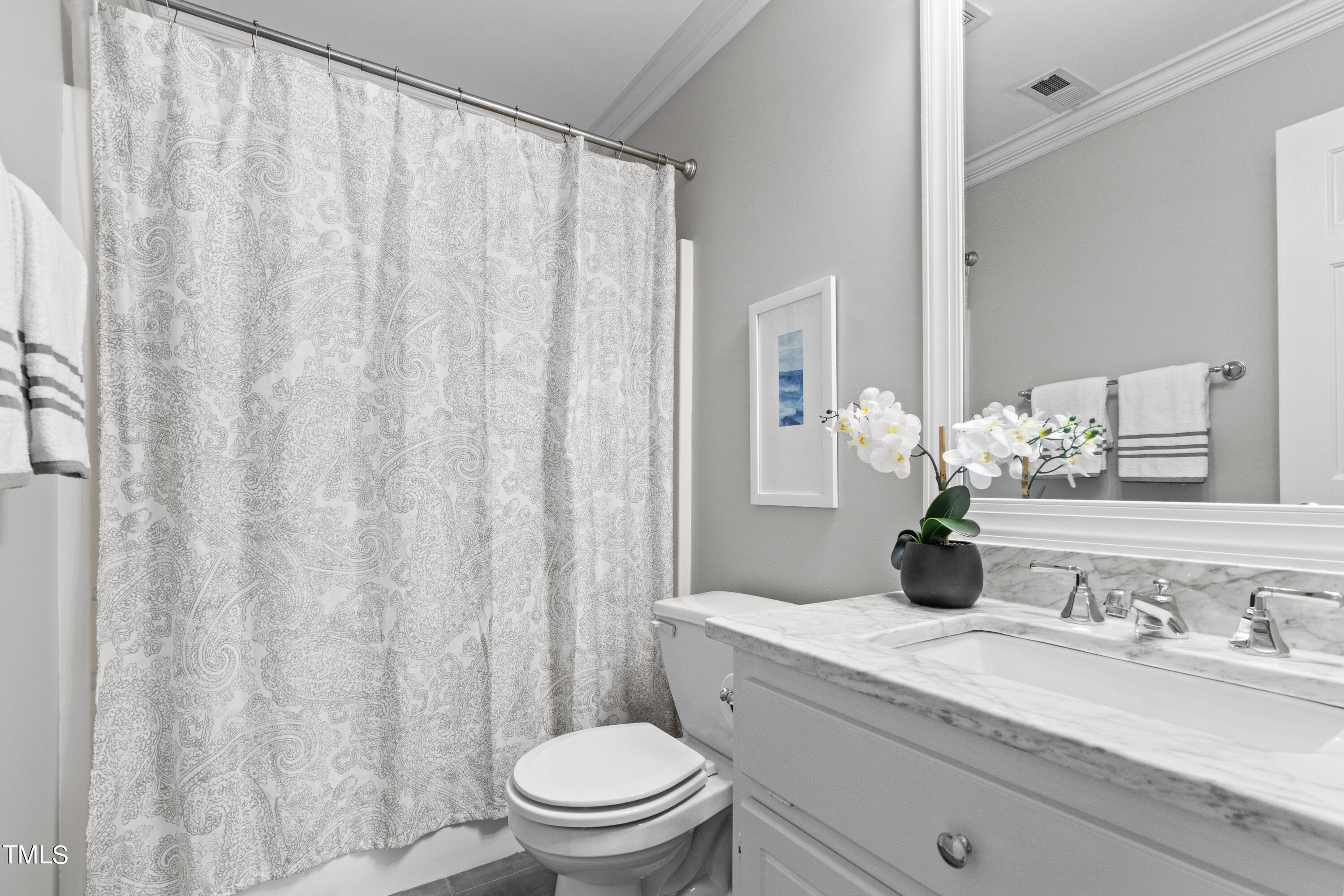 2917 Dahlgreen Road Raleigh, NC 27615 - Photo 25 of 36 a bathroom with a granite countertop sink a toilet and a mirror