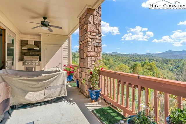 a view of a balcony with a potted plant
