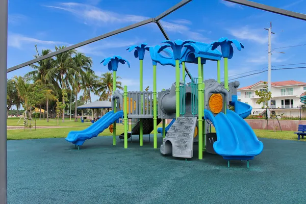 a view of a park with slide