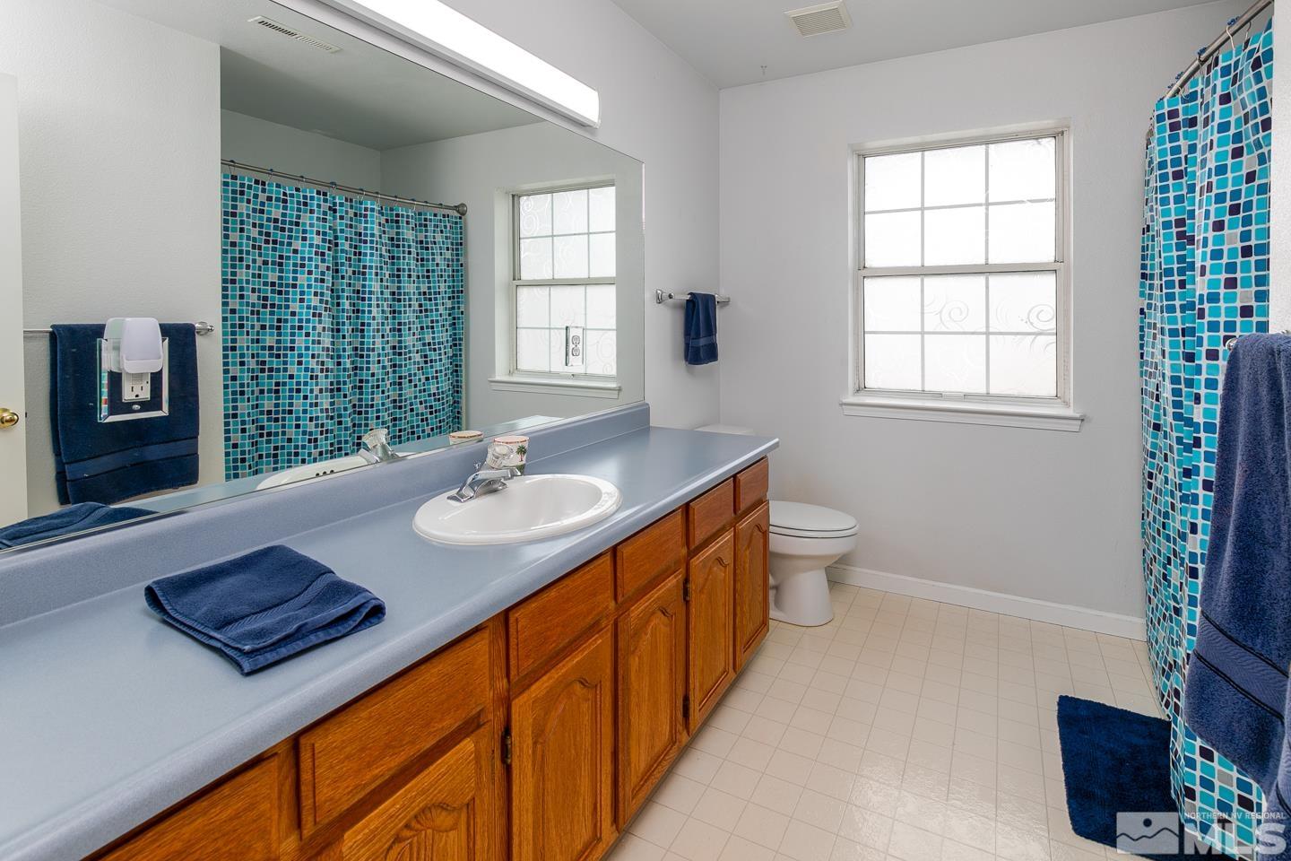 4170 Bottom Road Fallon, NV 89406 - Photo 20 of 38 a bathroom with a granite countertop sink a toilet a mirror and a window