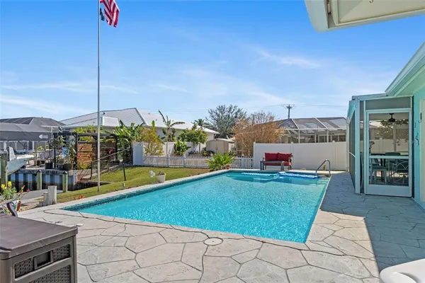a swimming pool with outdoor seating and yard