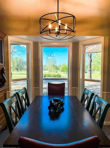 a view of a dining room with furniture window and outside view