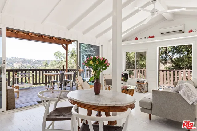 a dining room with furniture window and outdoor view