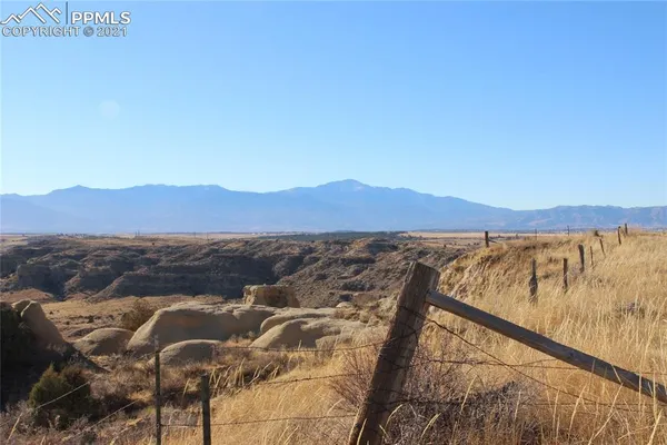 a view of a dry field with mountains in the background