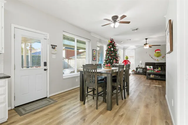 a view of a dining room with furniture window and wooden floor