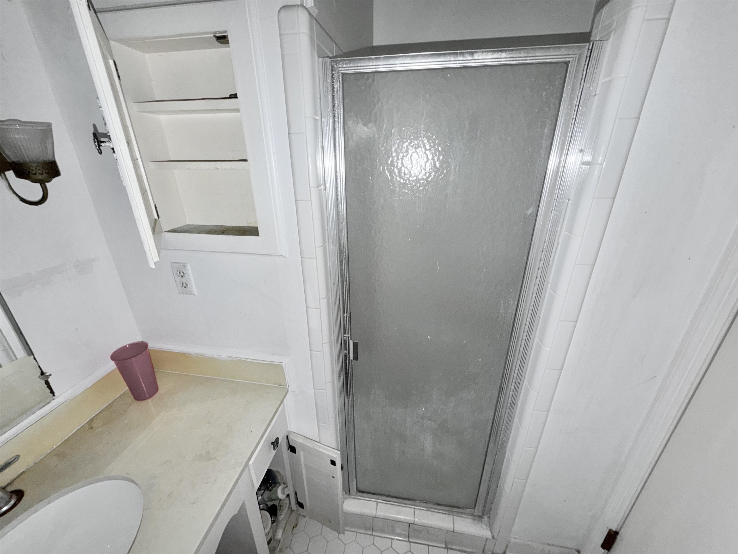 5536 Cottonwood Road Memphis, TN 38115 - Photo 23 of 28 Compact bathroom featuring a shower enclosure with a frosted glass door, a vanity with an integrated sink, built-in storage cabinetry, and a wall-mounted light fixture