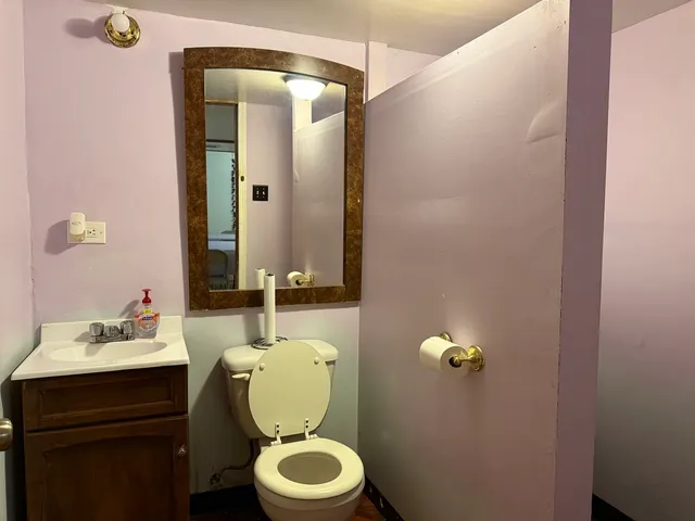 a bathroom with a sink mirror and toilet