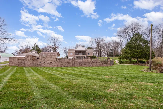 a view of a backyard with large trees