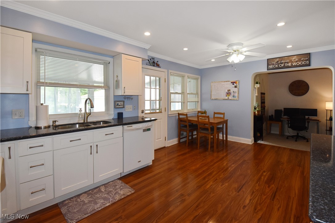 1388 Ford Road Lyndhurst, OH 44124 - Photo 10 of 39 Kitchen featuring white cabinets, white dishwasher, sink, dark hardwood / wood-style floors, and ceiling fan