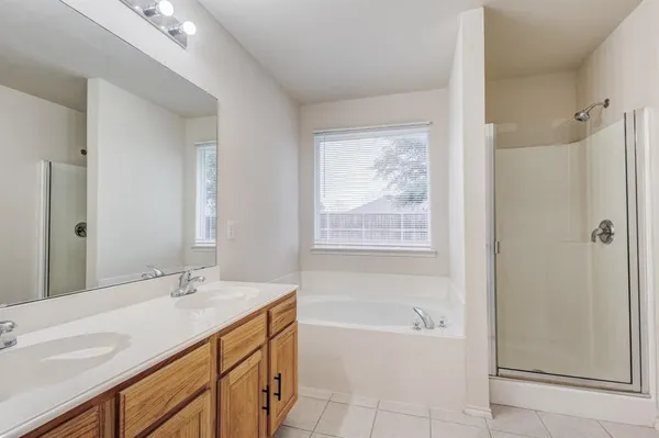 a bathroom with a tub sink and mirror
