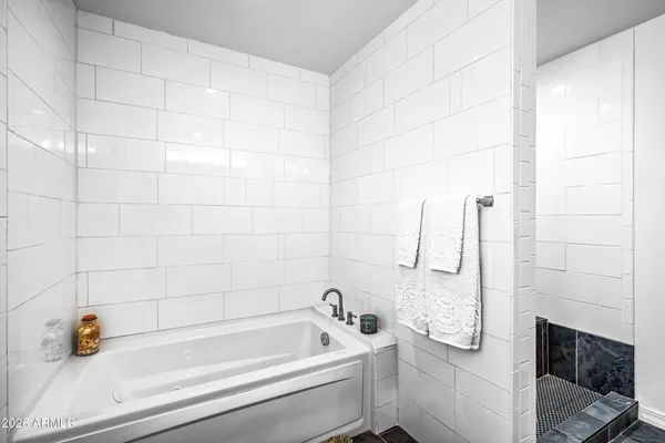 a bathroom with a bathtub and shower