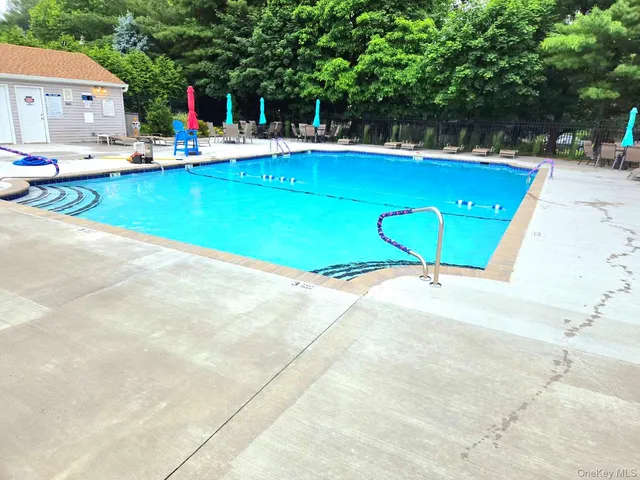 a view of swimming pool with lawn chairs and plants