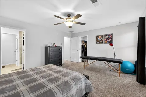 a bedroom with a bed and ceiling fan