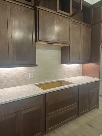 a close view of sink and cabinets