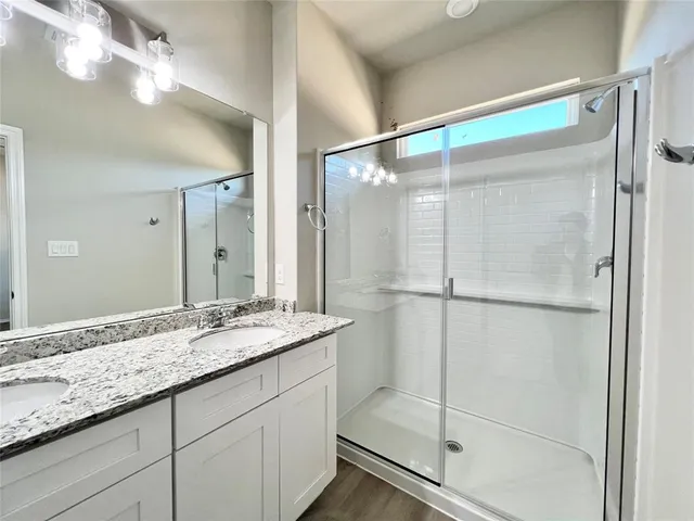 a bathroom with a granite countertop shower sink and mirror