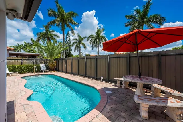 a backyard of a house with table and chairs