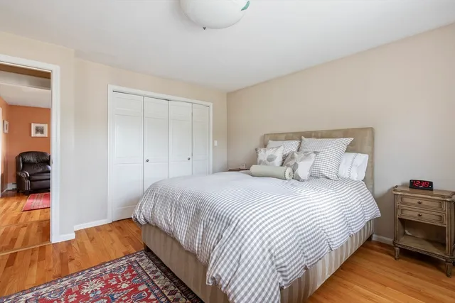 a bedroom with bed and a closet